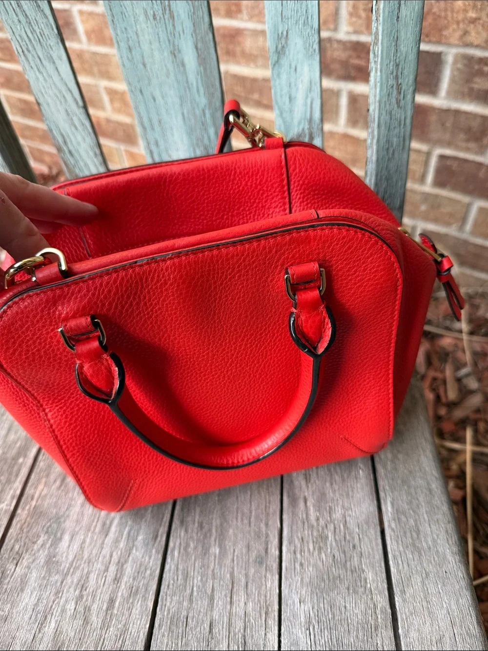 Tory Burch Coral-Red Pebbled Leather Mini Satchel with Detachable Strap